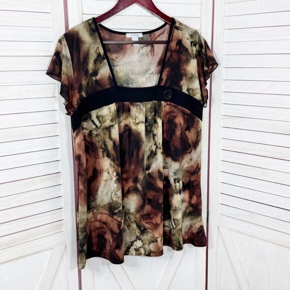 Dress Barn Tie Dye Flutter Sleeve Tunic Top Shirt Brown Black 1X - Picture 8 of 12